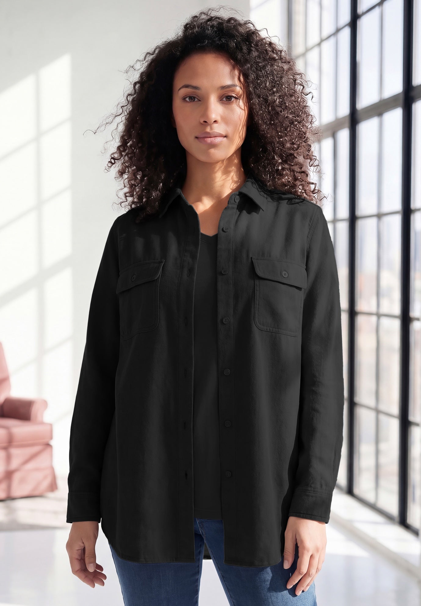Faux Suede Button-Front Shirt | Catherines