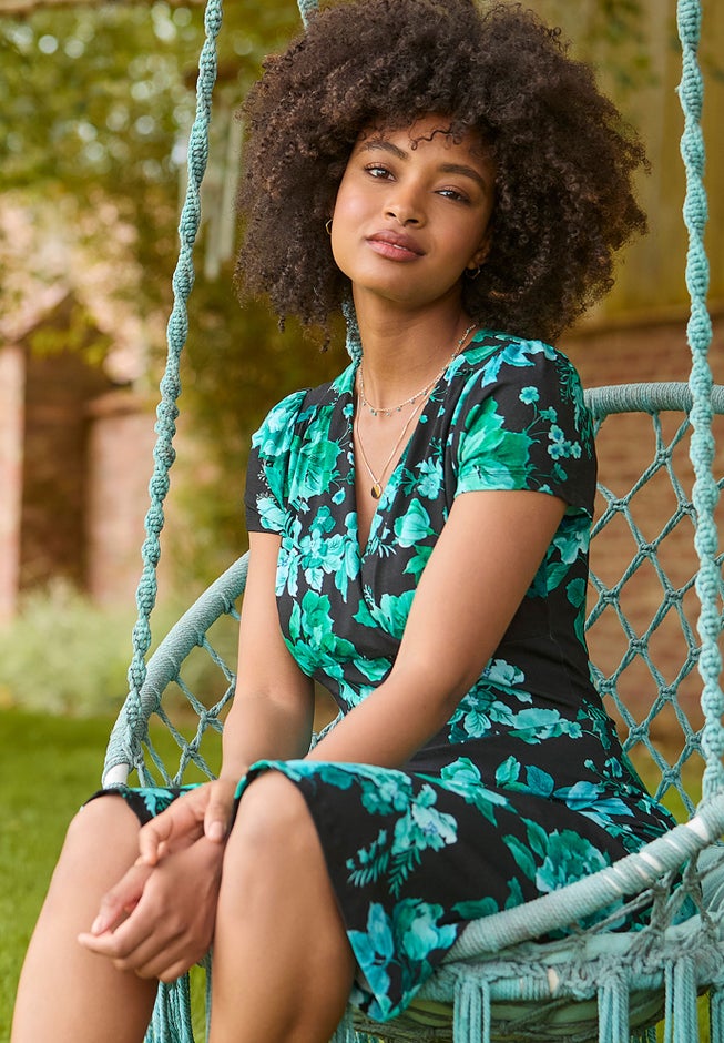 Stretch Knit Faux Wrap Dress image number null