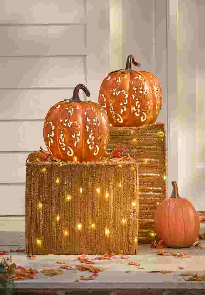 Pre-Lit Carved Resin Pumpkin image number 0