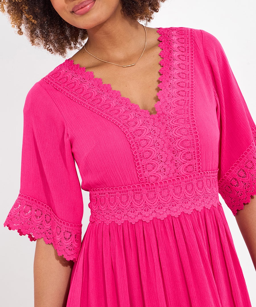 Crochet Trim Boho Midi Dress image number 1