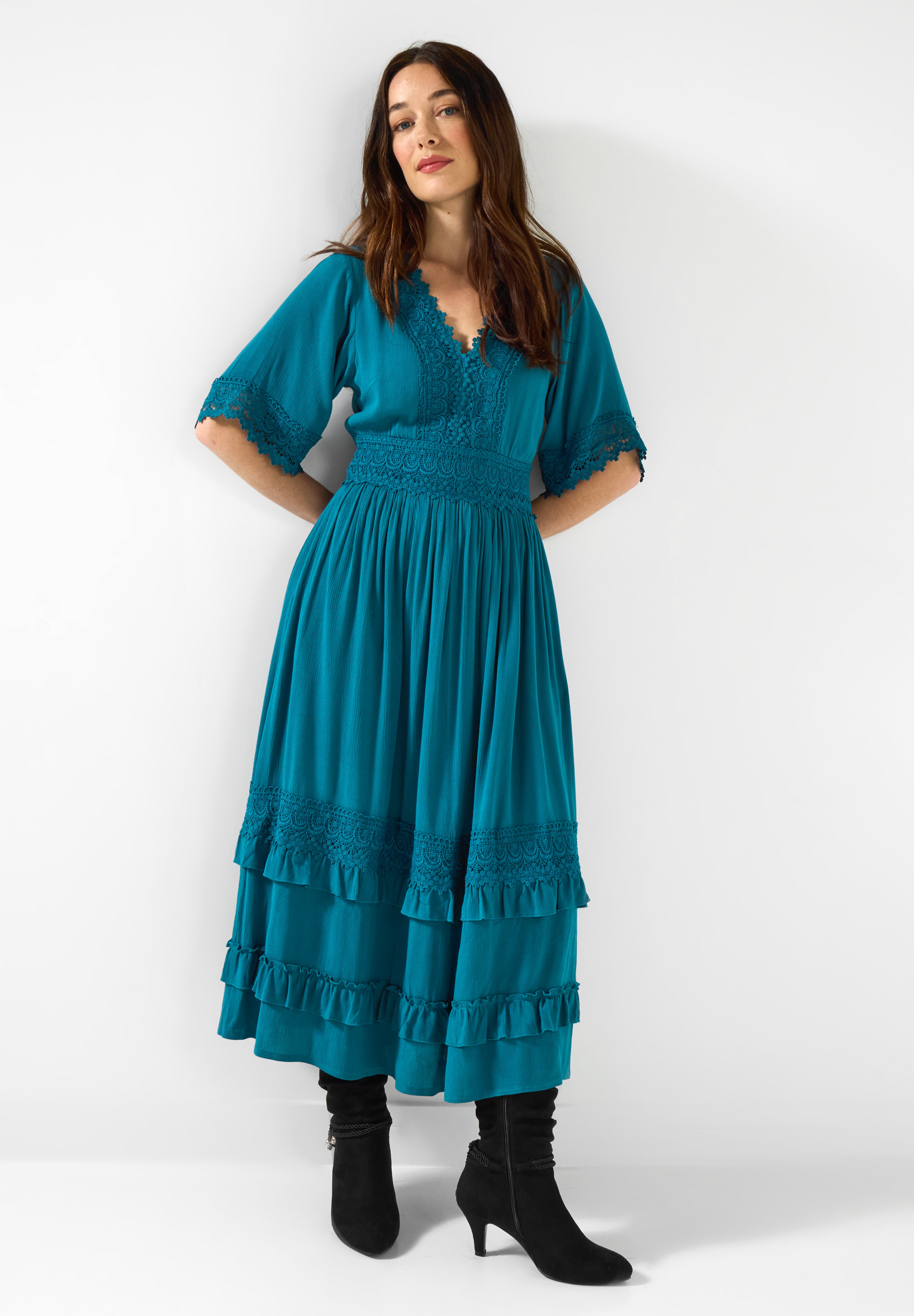 Crochet Trim Boho Midi Dress image number 0