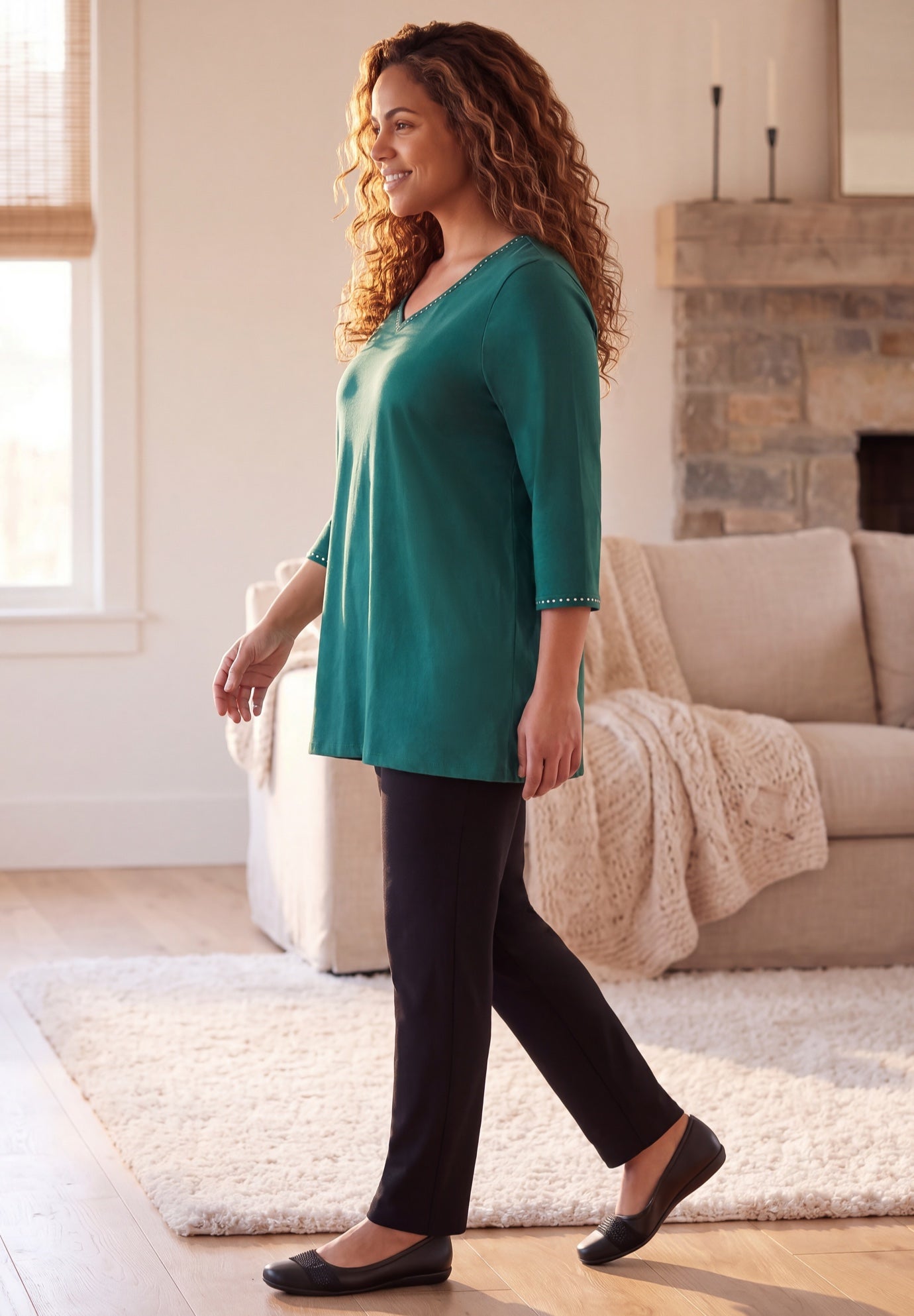 Suprema&reg; Studio 3/4 Sleeve Studded V-Neck Tee image number 2
