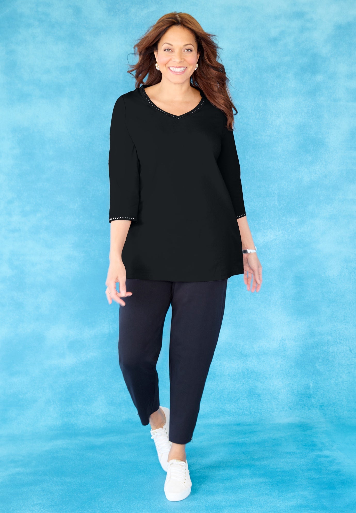 Suprema&reg; Studio 3/4 Sleeve Studded V-Neck Tee image number 0