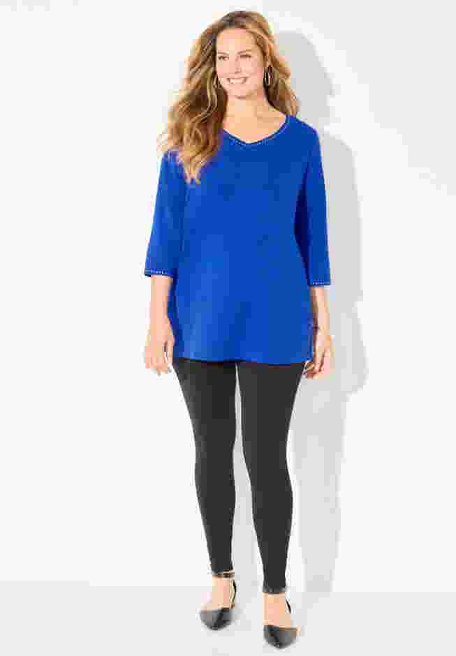 Suprema® Studio 3/4 Sleeve Studded V-Neck Tee image number 0