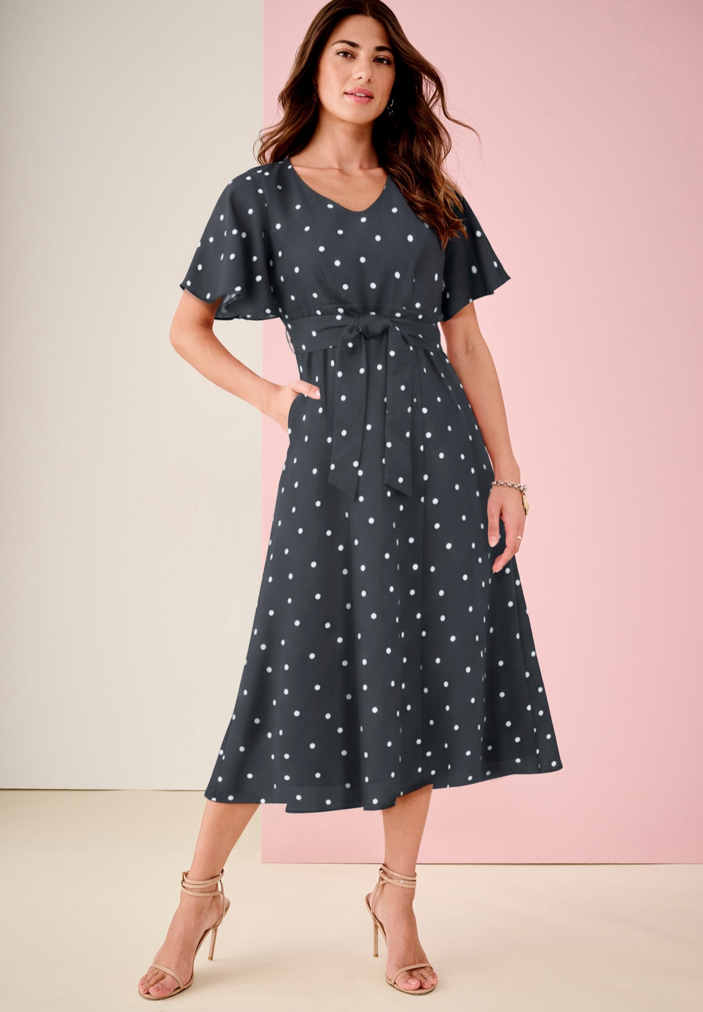 Plus Size Flutter Sleeve V-Neck Fit and Flare Bi-stretch Maxi Dress image number 0