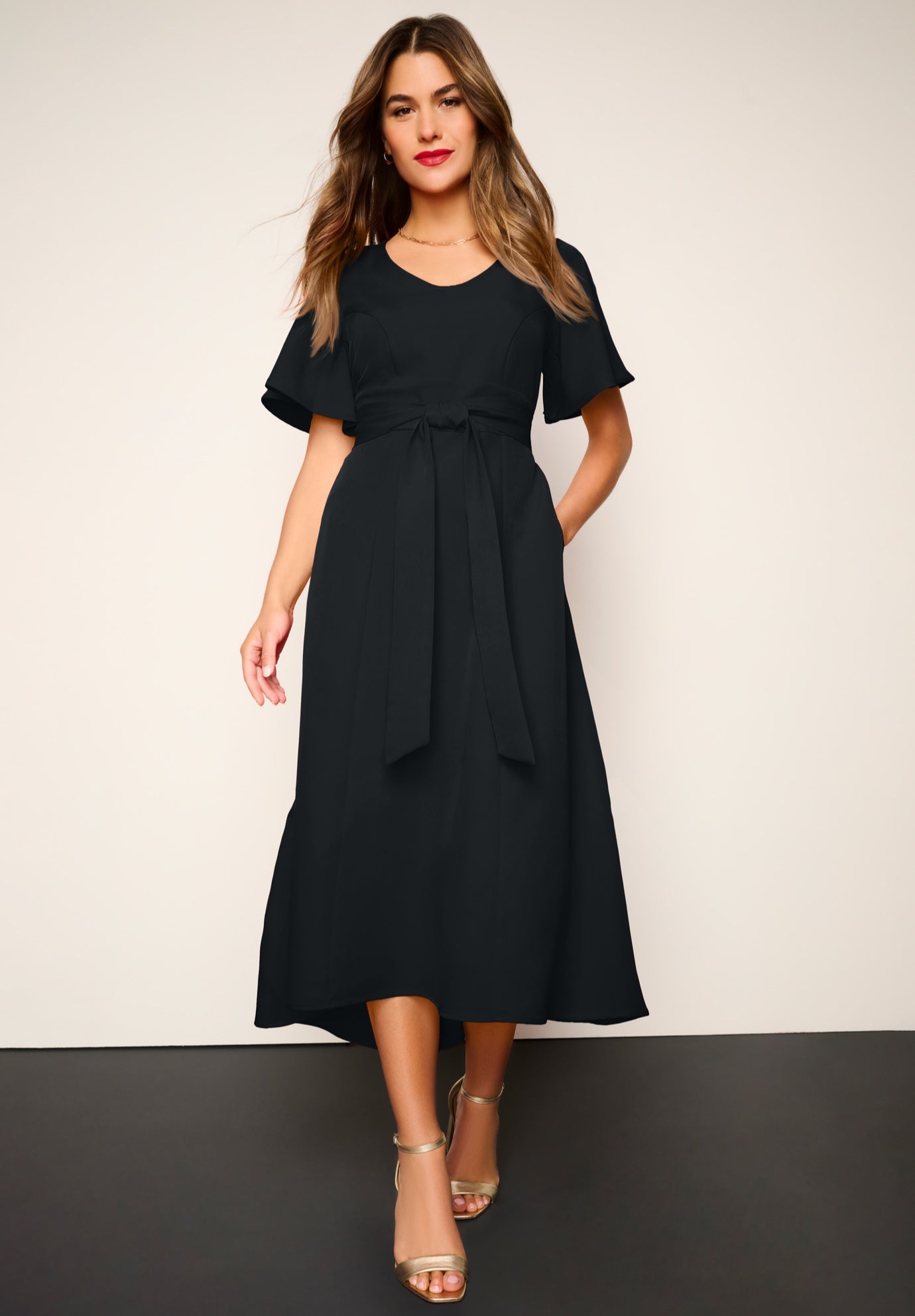 Plus Size Flutter Sleeve V-Neck Fit and Flare Bi-stretch Maxi Dress image number 0