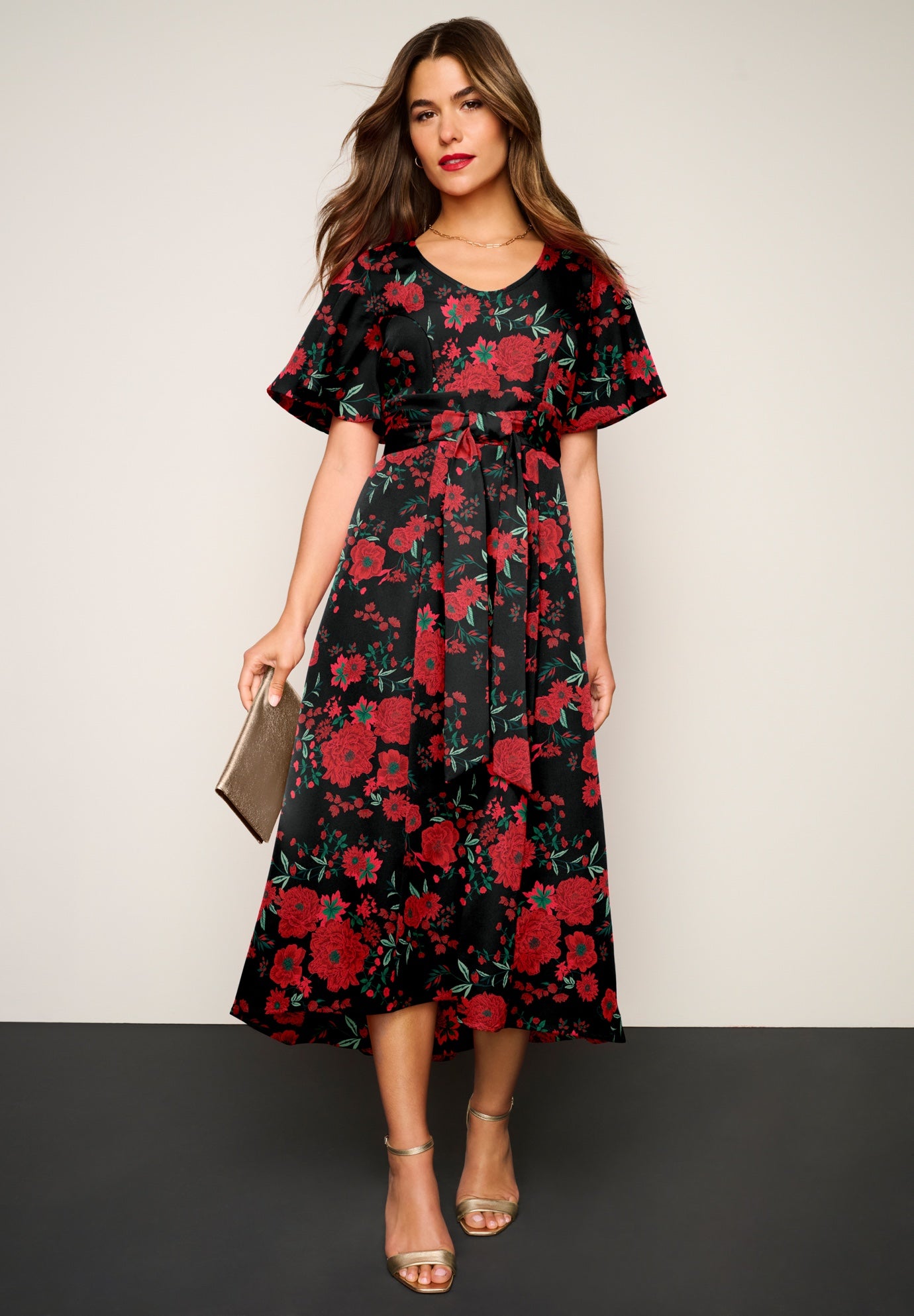 Plus Size Flutter Sleeve V-Neck Fit and Flare Bi-stretch Maxi Dress image number 0