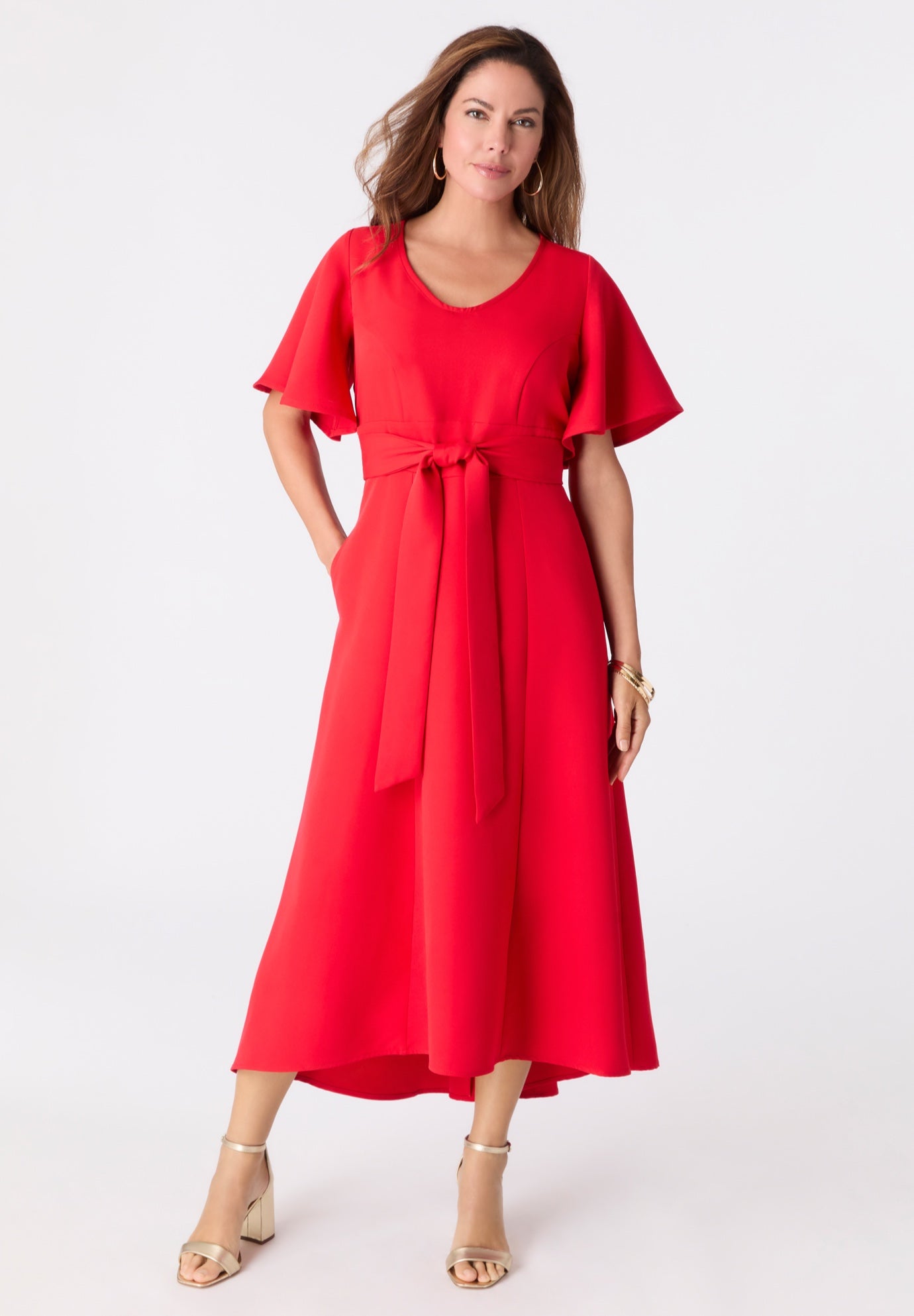 Plus Size Flutter Sleeve V-Neck Fit and Flare Bi-stretch Maxi Dress image number 2