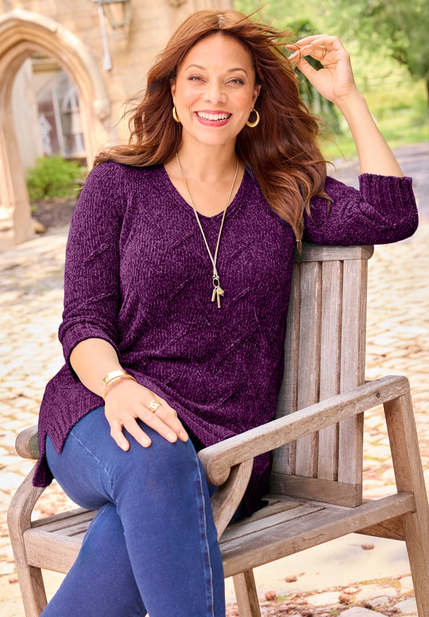 Chenille Pointelle V-Neck Pullover image number 0