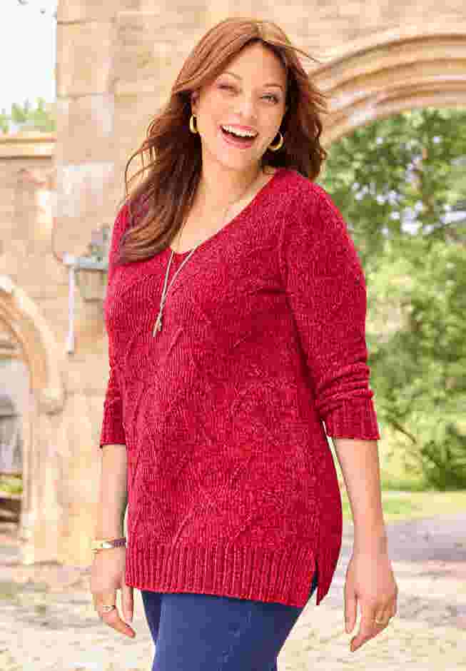Chenille Pointelle V-Neck Pullover image number 0