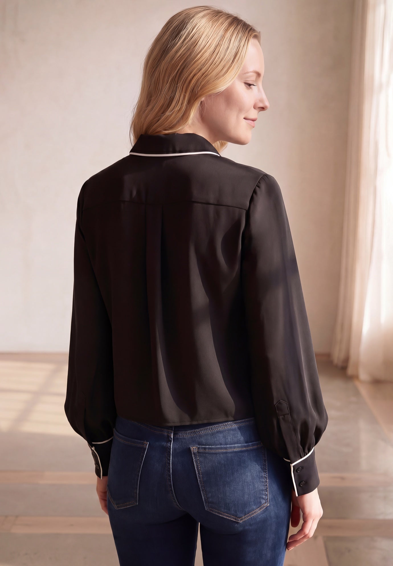 Cropped Oversized Blouson Sleeve Button Front Blouse image number 1