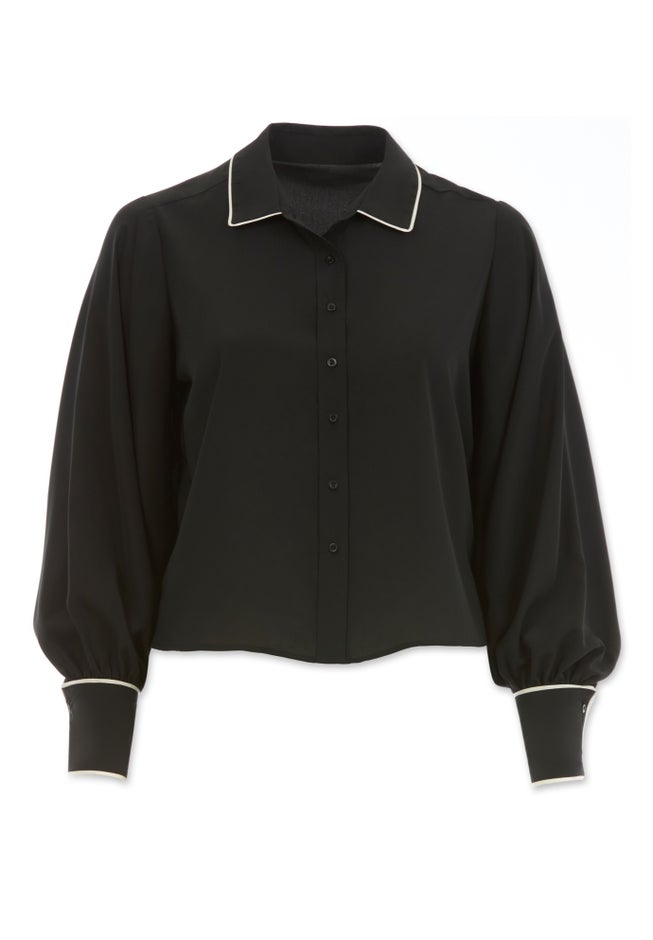 Cropped Oversized Blouson Sleeve Button Front Blouse image number 3