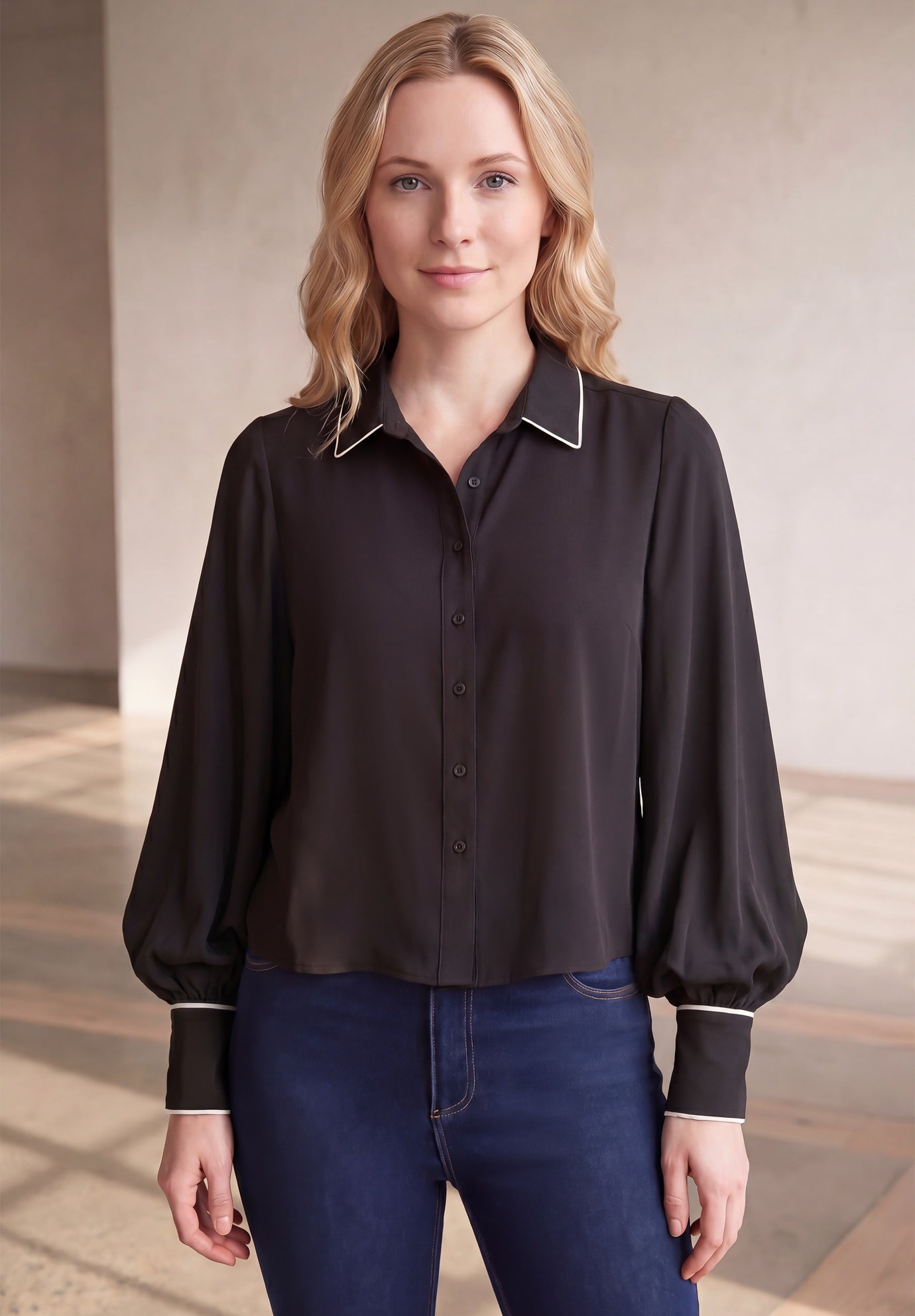 Cropped Oversized Blouson Sleeve Button Front Blouse image number 0