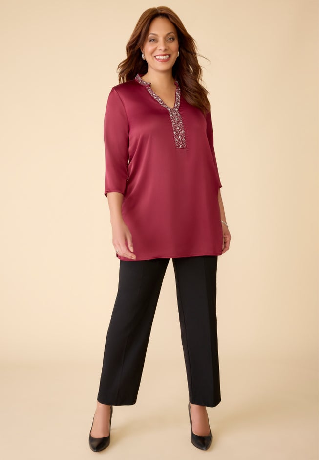 Embellished-Neck Satin Tunic image number 2