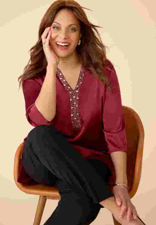 Embellished-Neck Satin Tunic image number 3