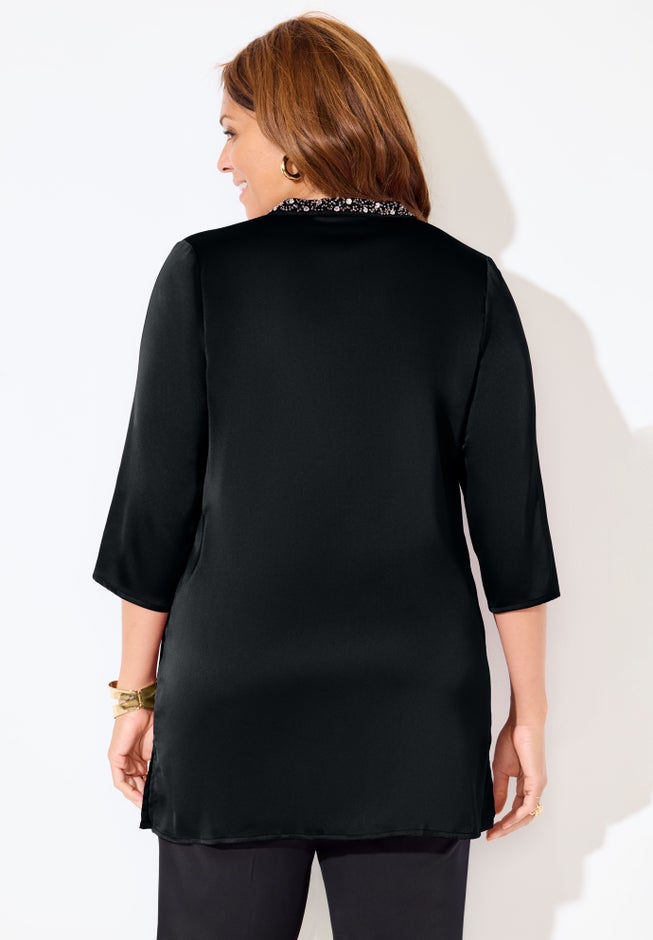 Embellished-Neck Satin Tunic image number 1