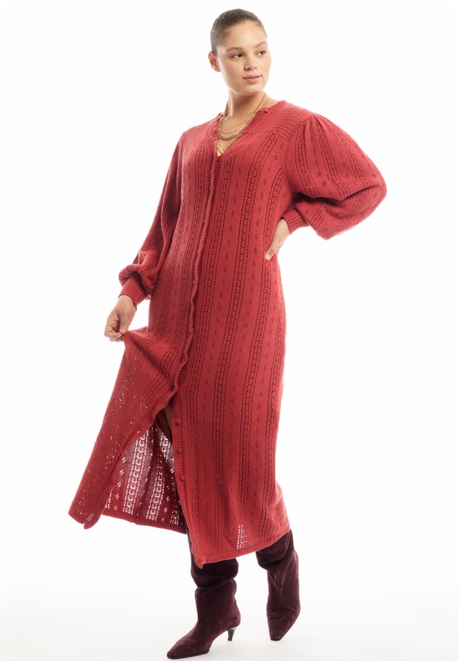Puff-Sleeve Cardigan Sweater Midi Dress image number 3