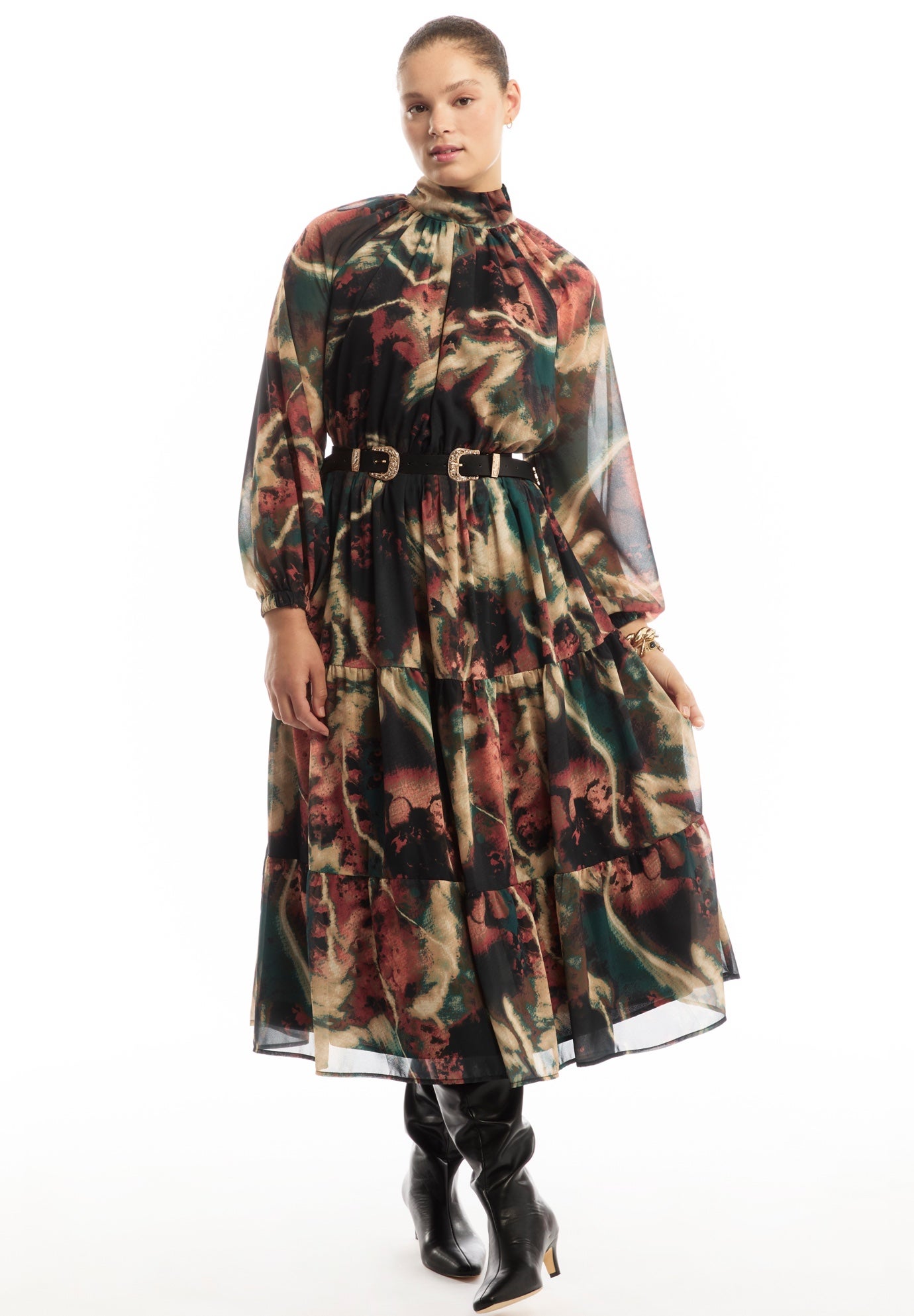 Mock-Neck Chiffon Midi Dress image number 2