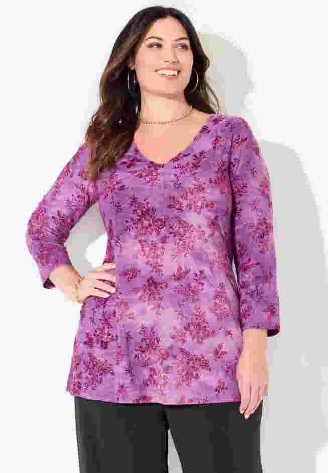 Flocked Tie-Dye V-Neck Tunic image number 1