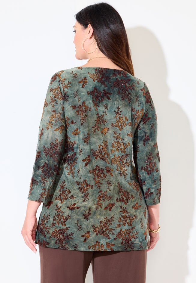 Flocked Tie-Dye V-Neck Tunic image number 1