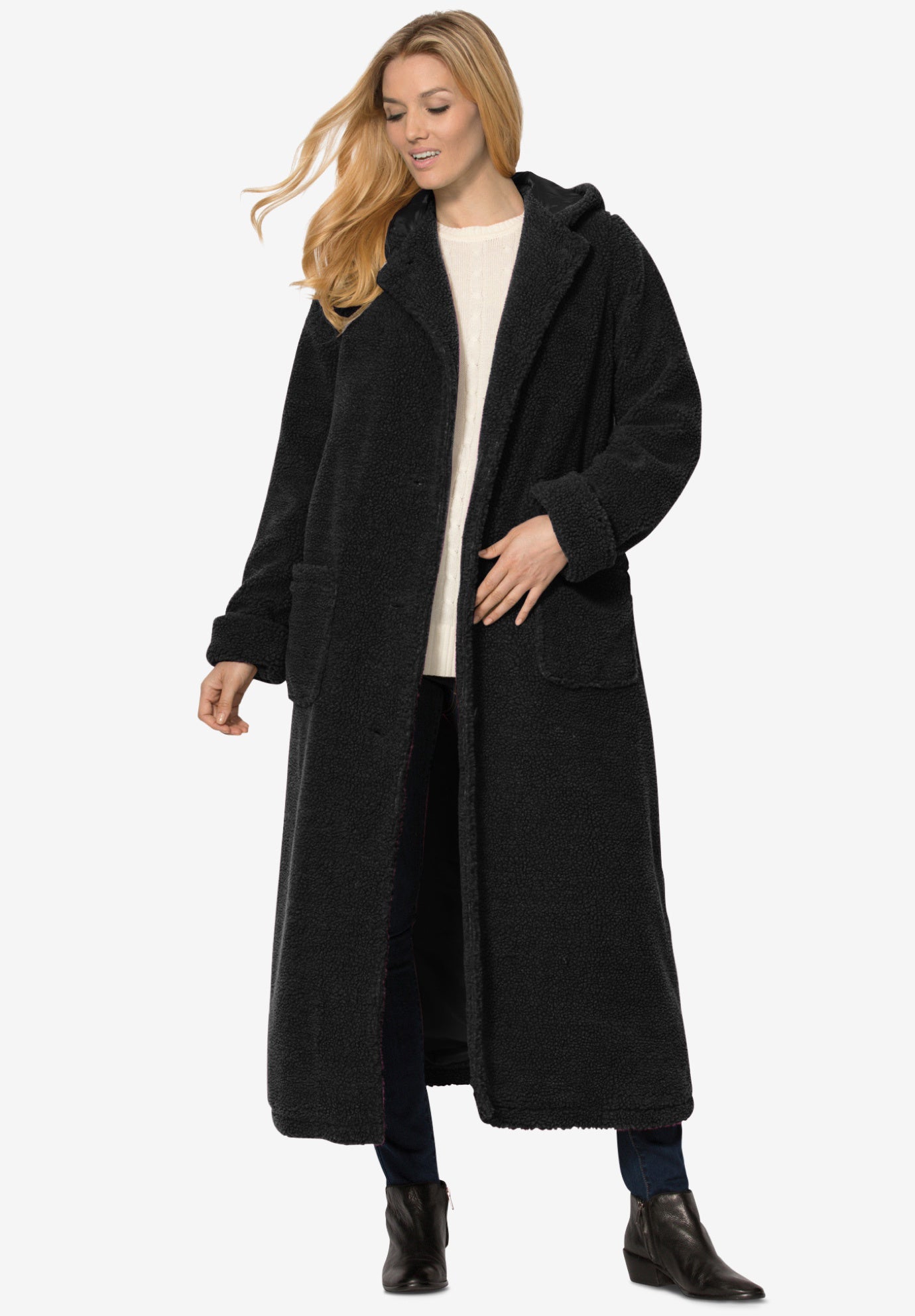 Long Hooded Berber Fleece Coat | Catherines
