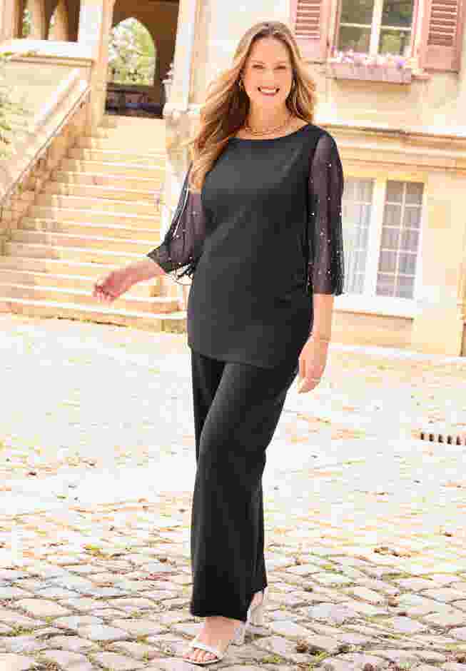 Ponte Mesh Sleeve Top image number 0