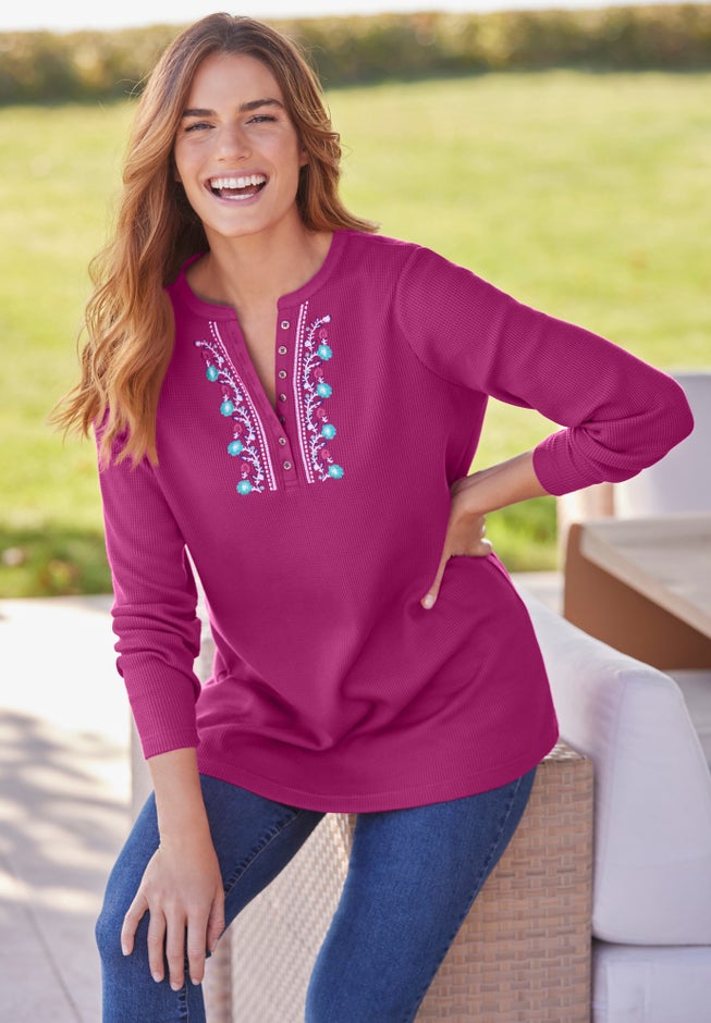 Embroidered Thermal Henley Tee image number 4