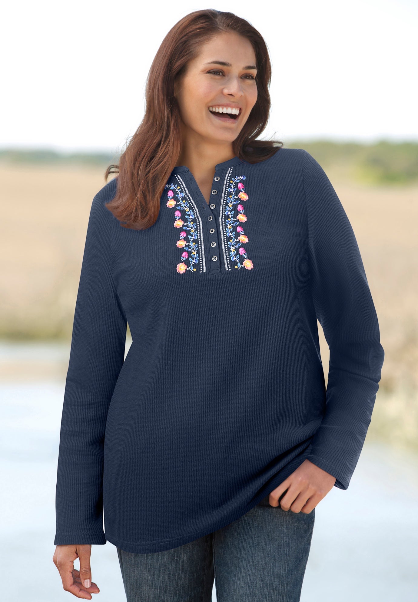 Embroidered Thermal Henley Tee image number 0