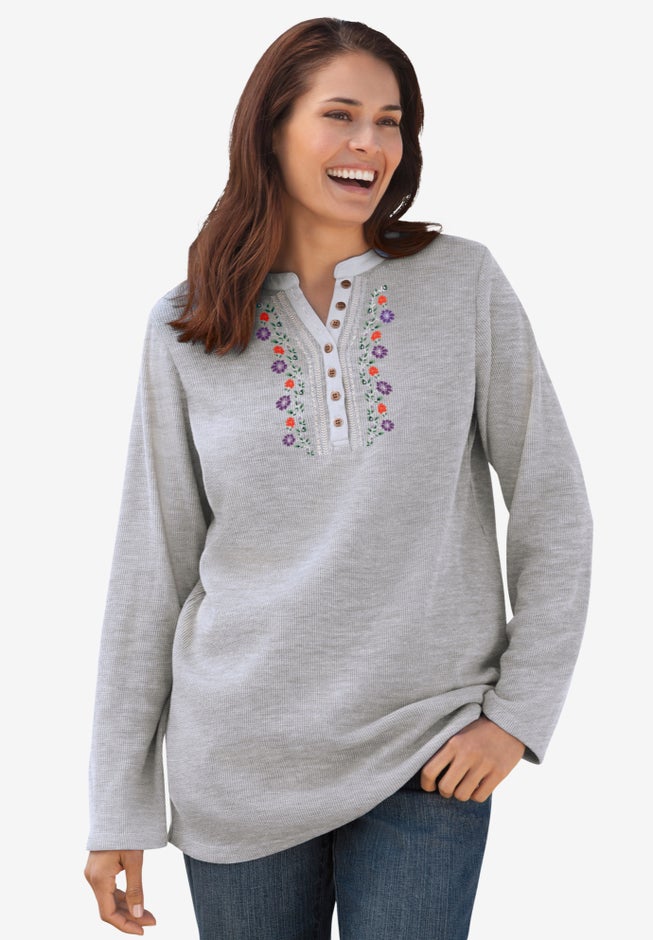 Embroidered Thermal Henley Tee image number 2