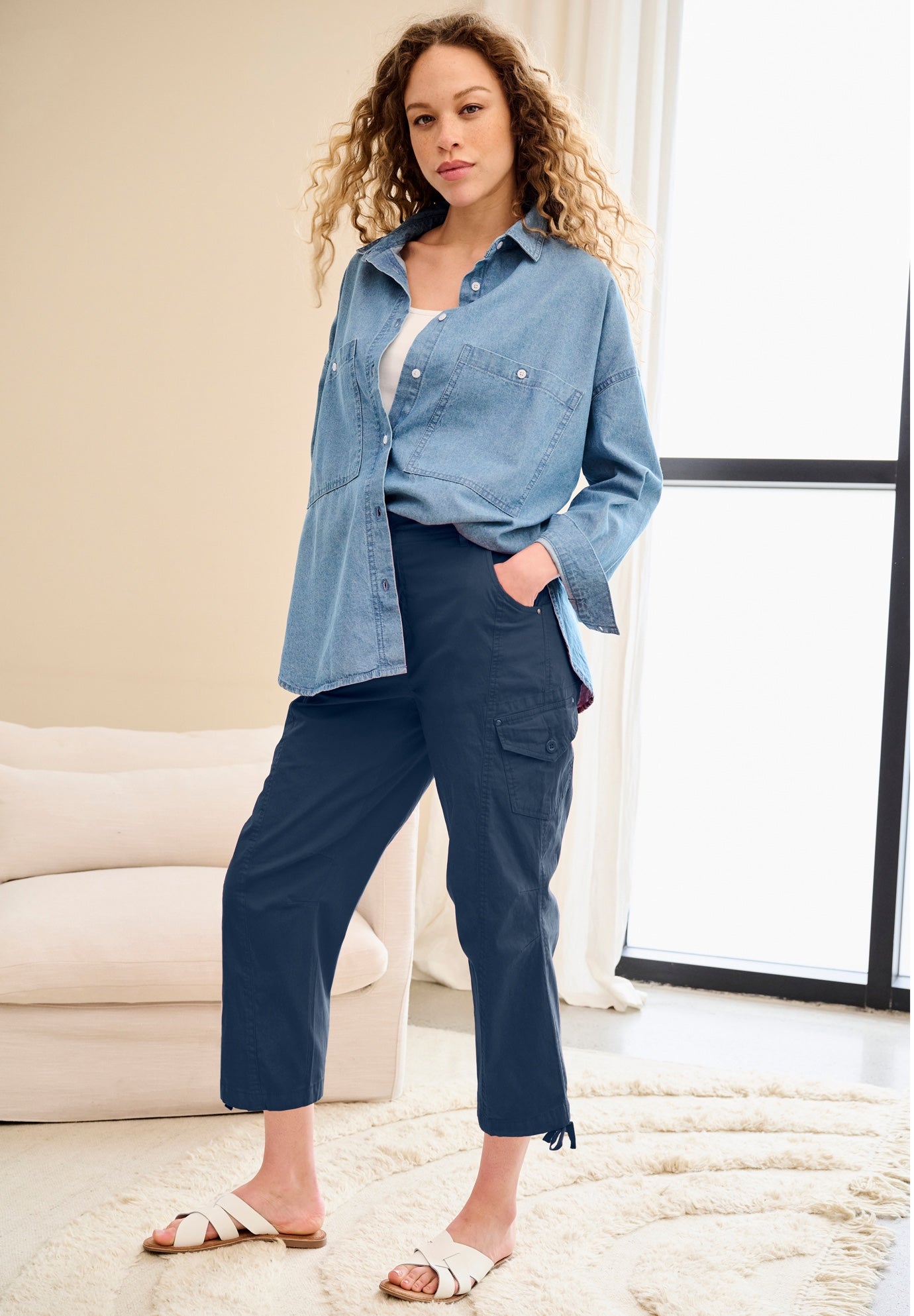 Oversized Button-Front Denim Shirt image number 0