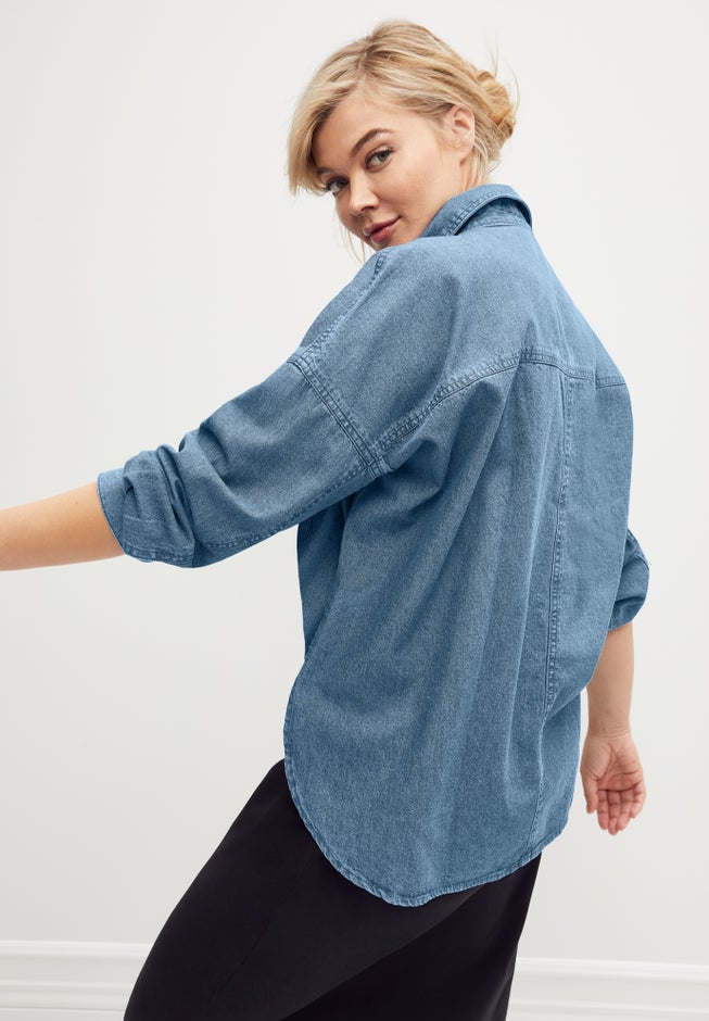 Oversized Button-Front Denim Shirt image number 1