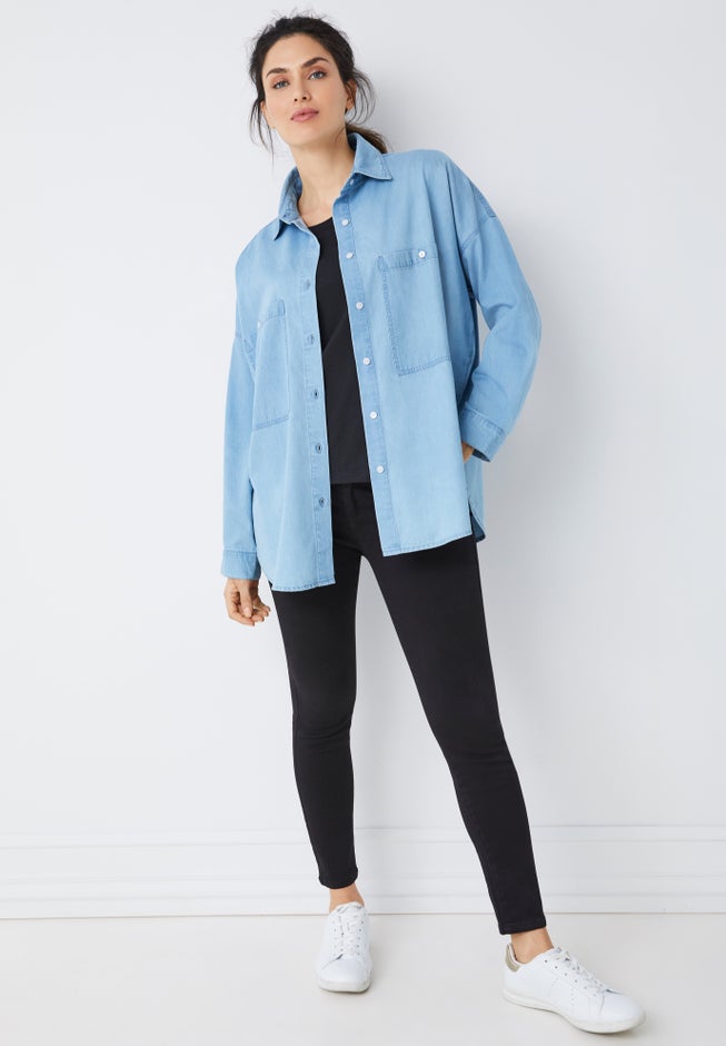 Oversized Button-Front Denim Shirt image number 2