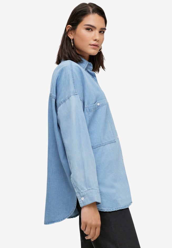 Oversized Button-Front Denim Shirt image number 2