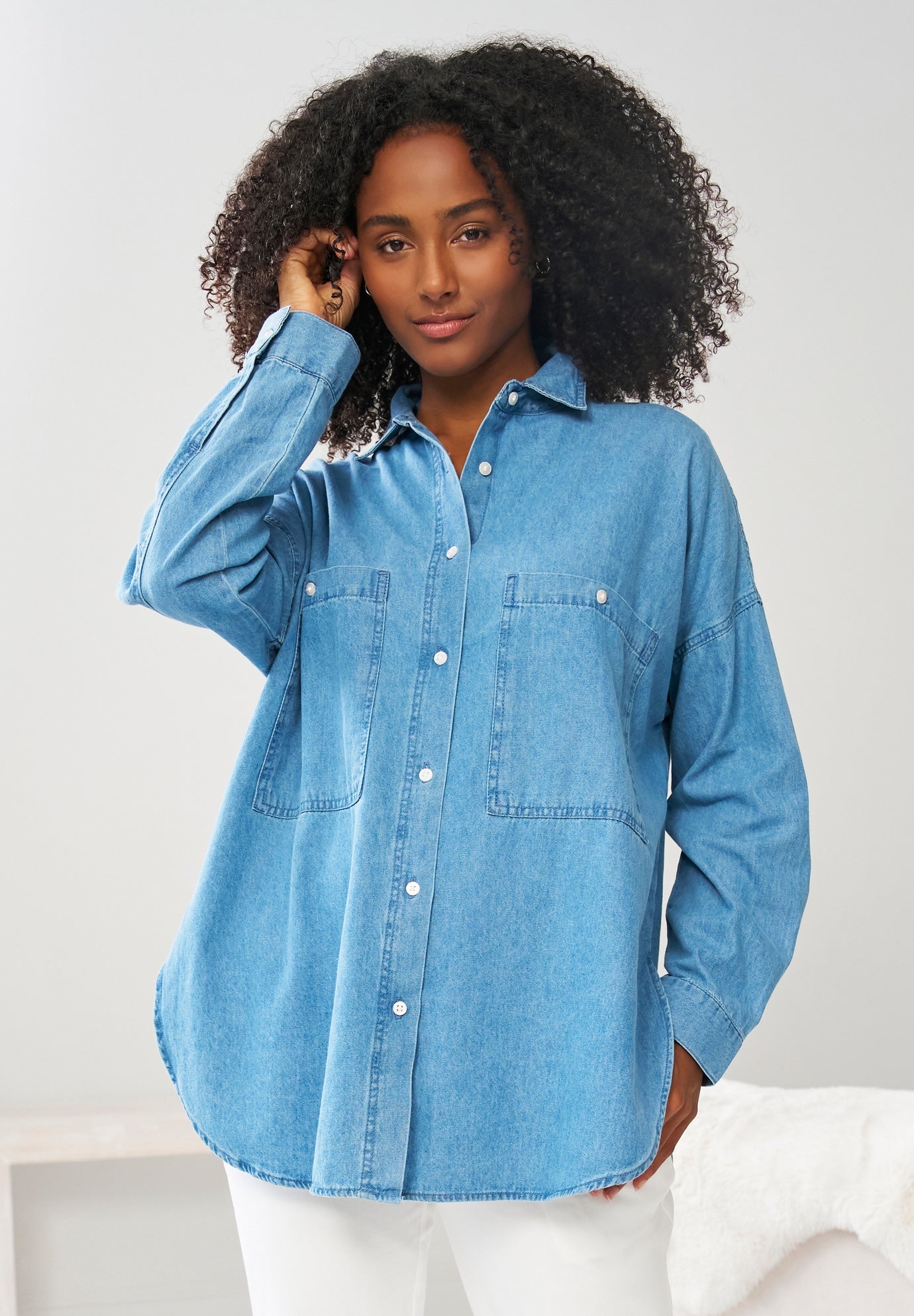 Oversized Button-Front Denim Shirt image number 0
