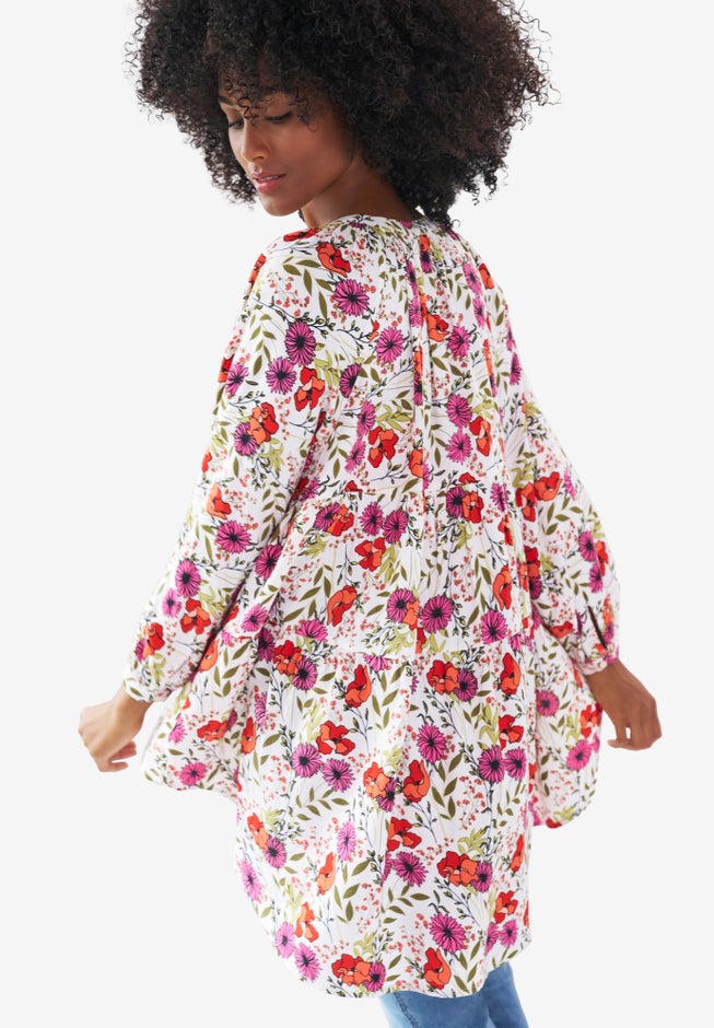 Tiered A-Line Tunic with Notch V-Neck, White Multi Floral | Catherines