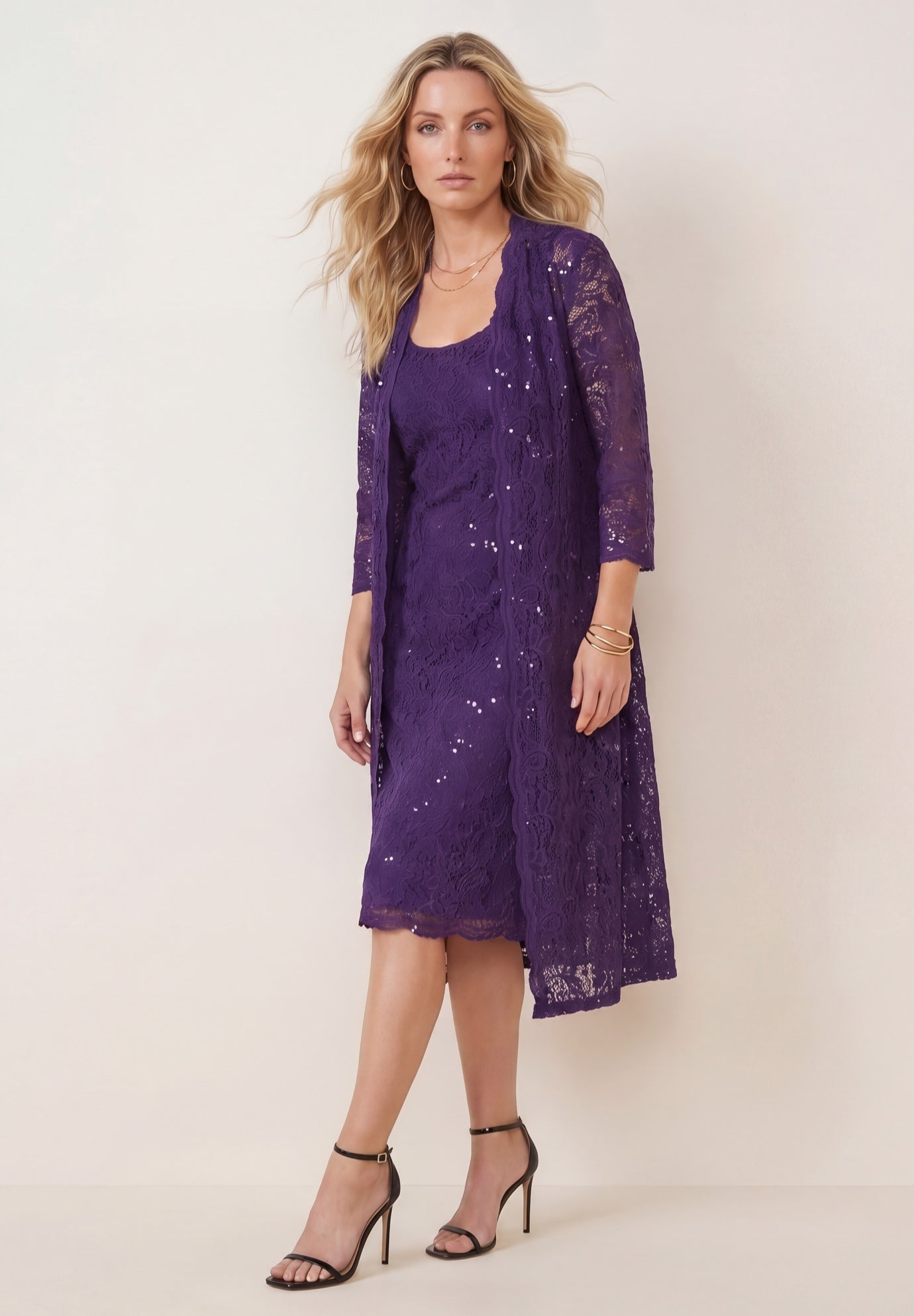 Plus Size 3/4 Sleeve Formal Duster Sequin &ndash; Embellished Lace Dress Set image number 3