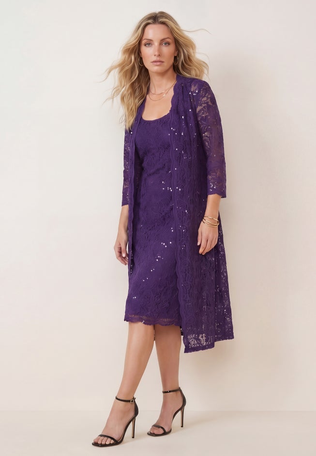 Plus Size 3/4 Sleeve Formal Duster Sequin &ndash; Embellished Lace Dress Set image number 3
