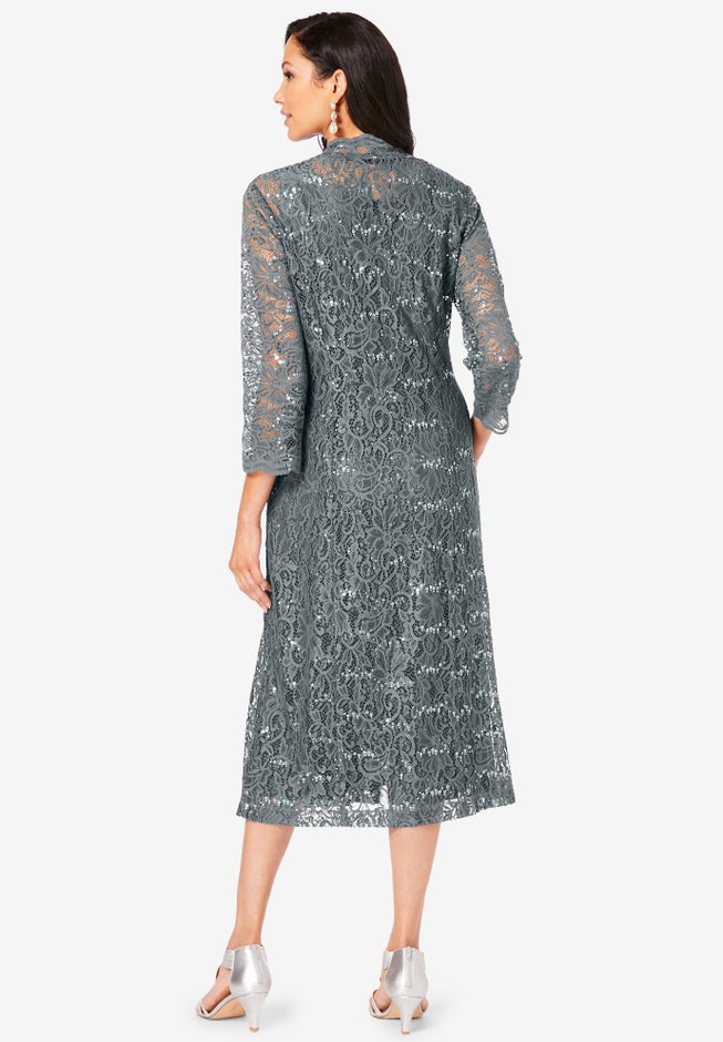 Plus Size 3/4 Sleeve Formal Duster Sequin – Embellished Lace Dress Set image number 1