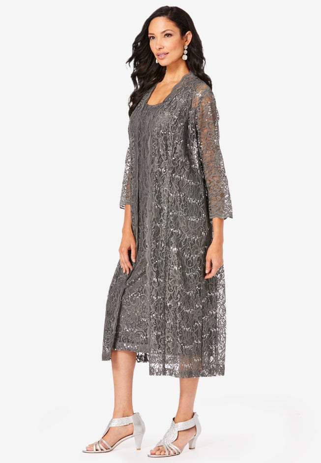 Plus Size 3/4 Sleeve Formal Duster Sequin – Embellished Lace Dress Set image number 2