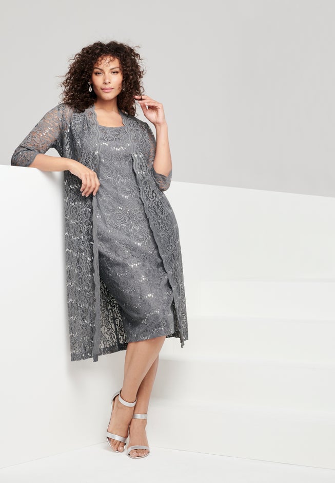 Plus Size 3/4 Sleeve Formal Duster Sequin – Embellished Lace Dress Set image number 3