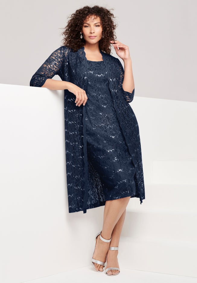 Plus Size 3/4 Sleeve Formal Duster Sequin – Embellished Lace Dress Set image number 0