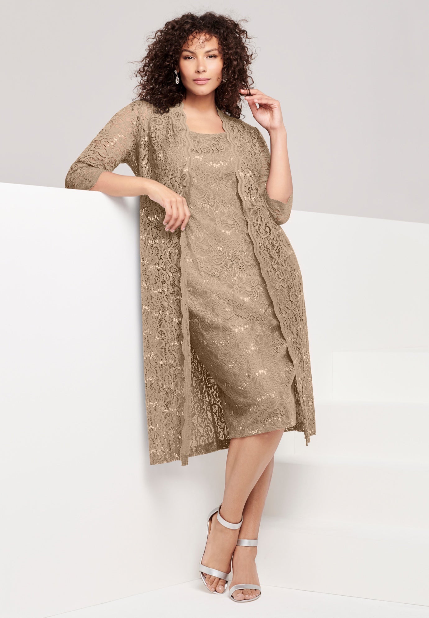 Plus Size 3/4 Sleeve Formal Duster Sequin &ndash; Embellished Lace Dress Set image number 0