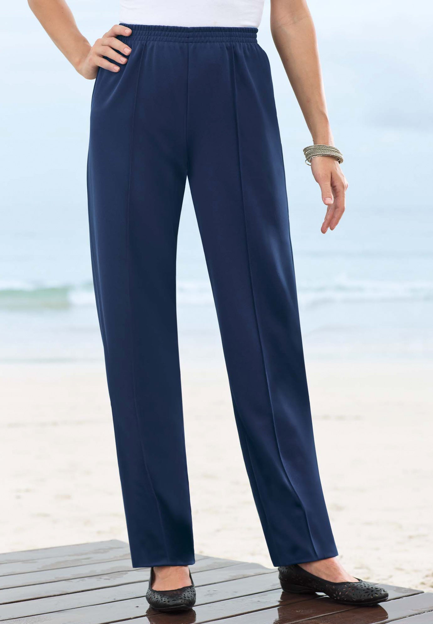 Crease-Front Knit Pant with Elastic Waist, Black | Catherines