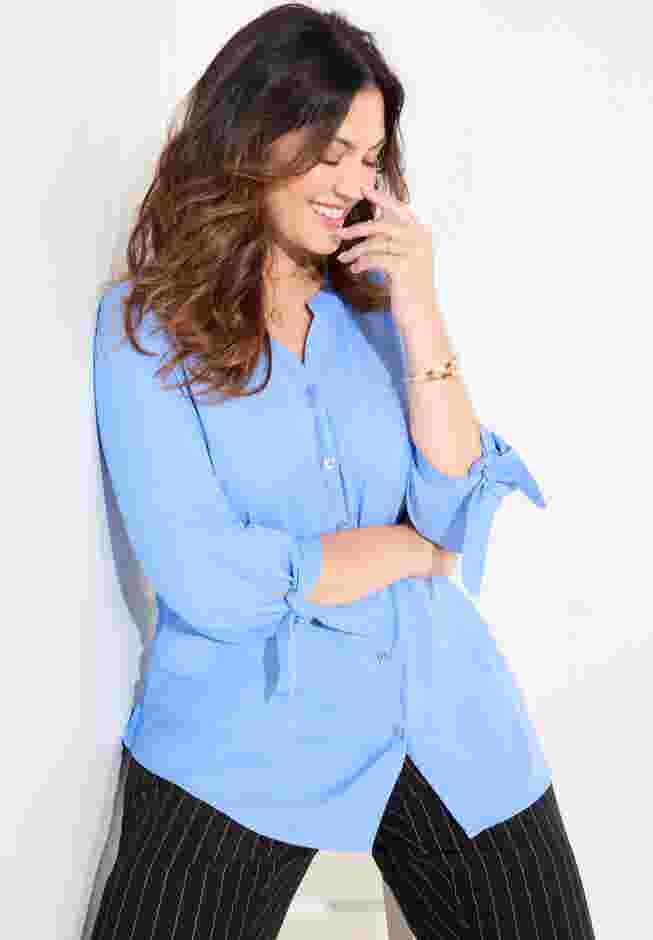 Georgette Buttonfront Tie Sleeve Cafe Blouse image number 9