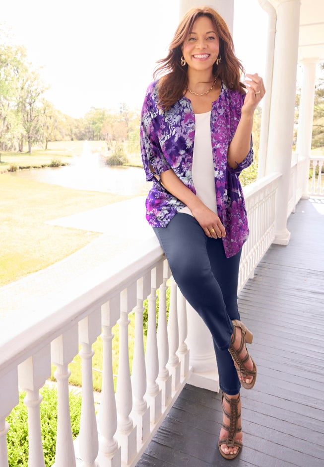 Georgette Buttonfront Tie Sleeve Cafe Blouse image number 4