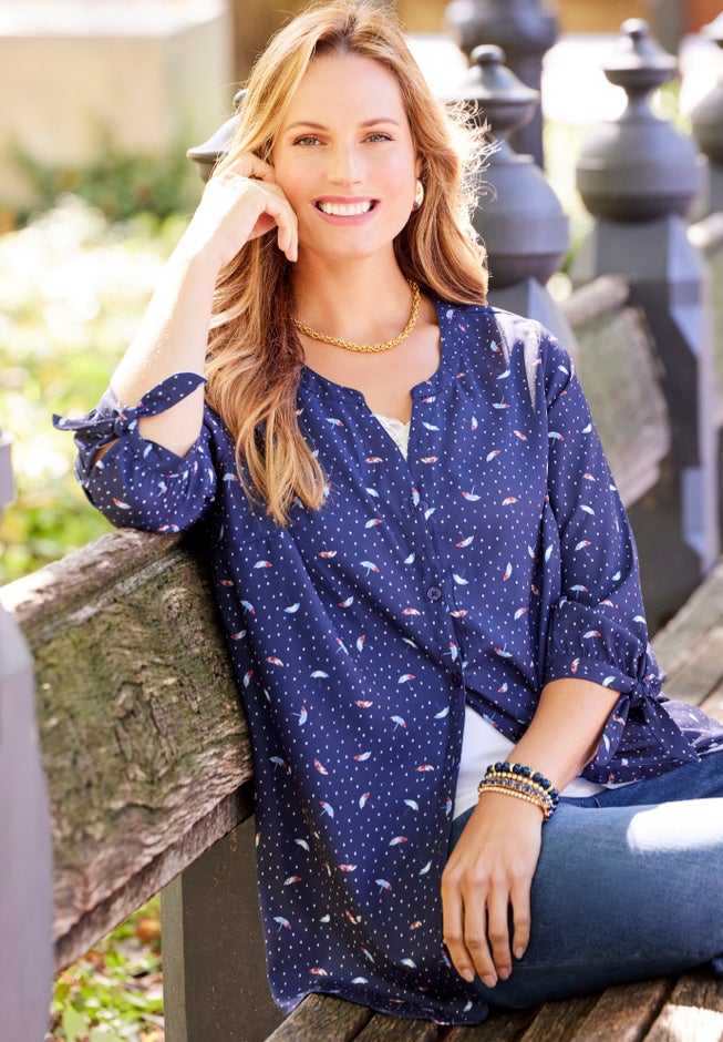 Georgette Buttonfront Tie Sleeve Cafe Blouse image number 3