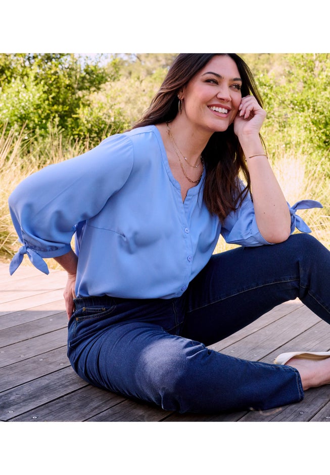 Georgette Buttonfront Tie Sleeve Cafe Blouse image number 2