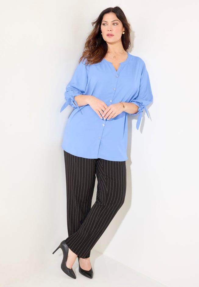 Georgette Buttonfront Tie Sleeve Cafe Blouse image number 3