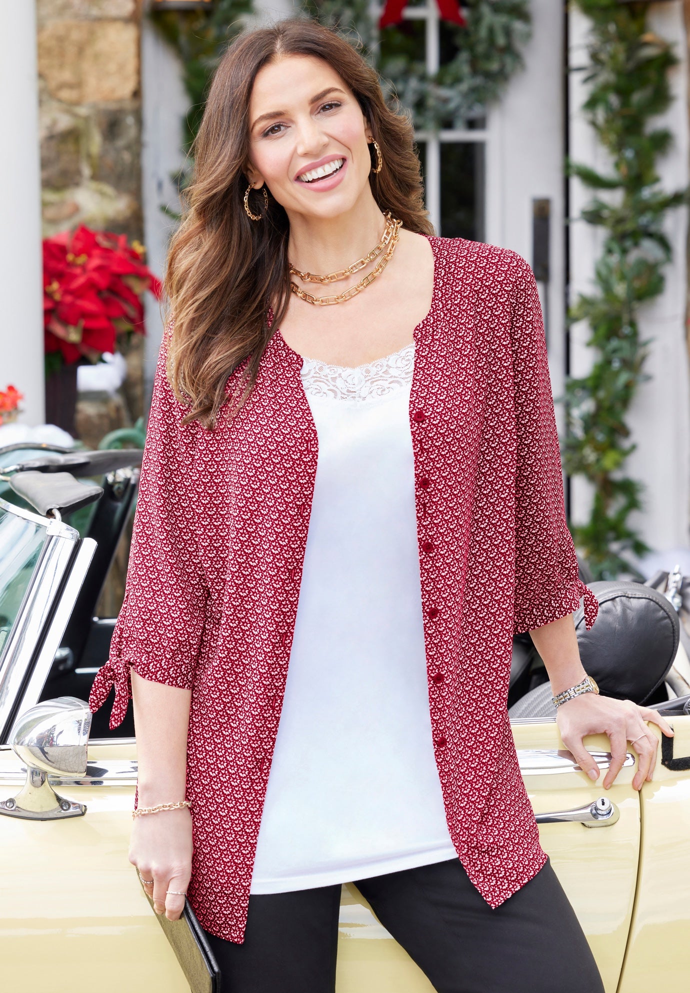 Georgette Buttonfront Tie Sleeve Cafe Blouse image number 1