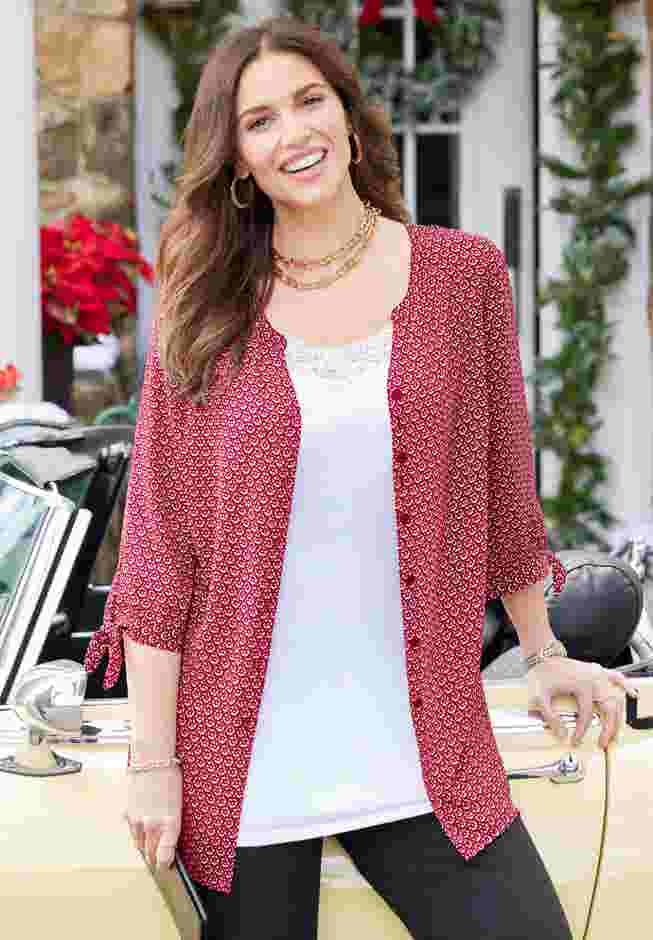 Georgette Buttonfront Tie Sleeve Cafe Blouse image number 1